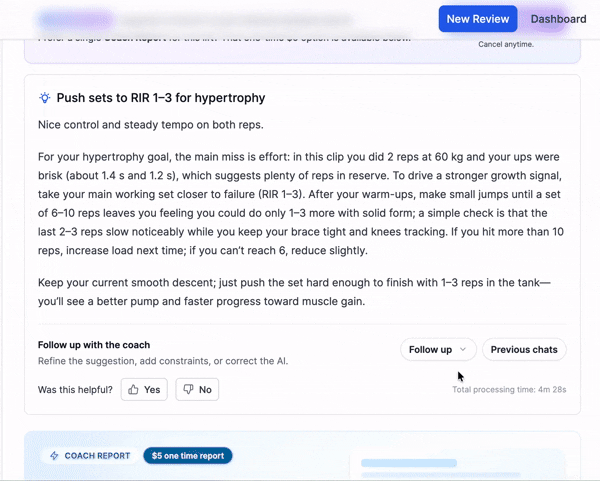 Chat follow-up with coach AI to refine squat form feedback